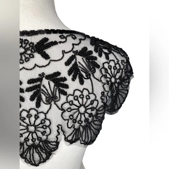 Vintage Black Beaded Mesh Floral Design Bolero Collar Shaw Belt Multi-way Piece - Picture 8 of 16